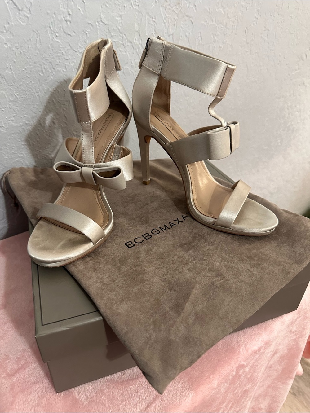 BCBG Ivory Satin Bow Ankle-Strap High Heels